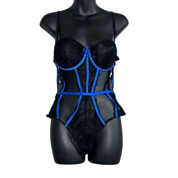 NEW WITHOUT TAGS Beautiful and sexy Black Fuchsia Lace Padded Underwire Teddy  B - Picture 1 of 7